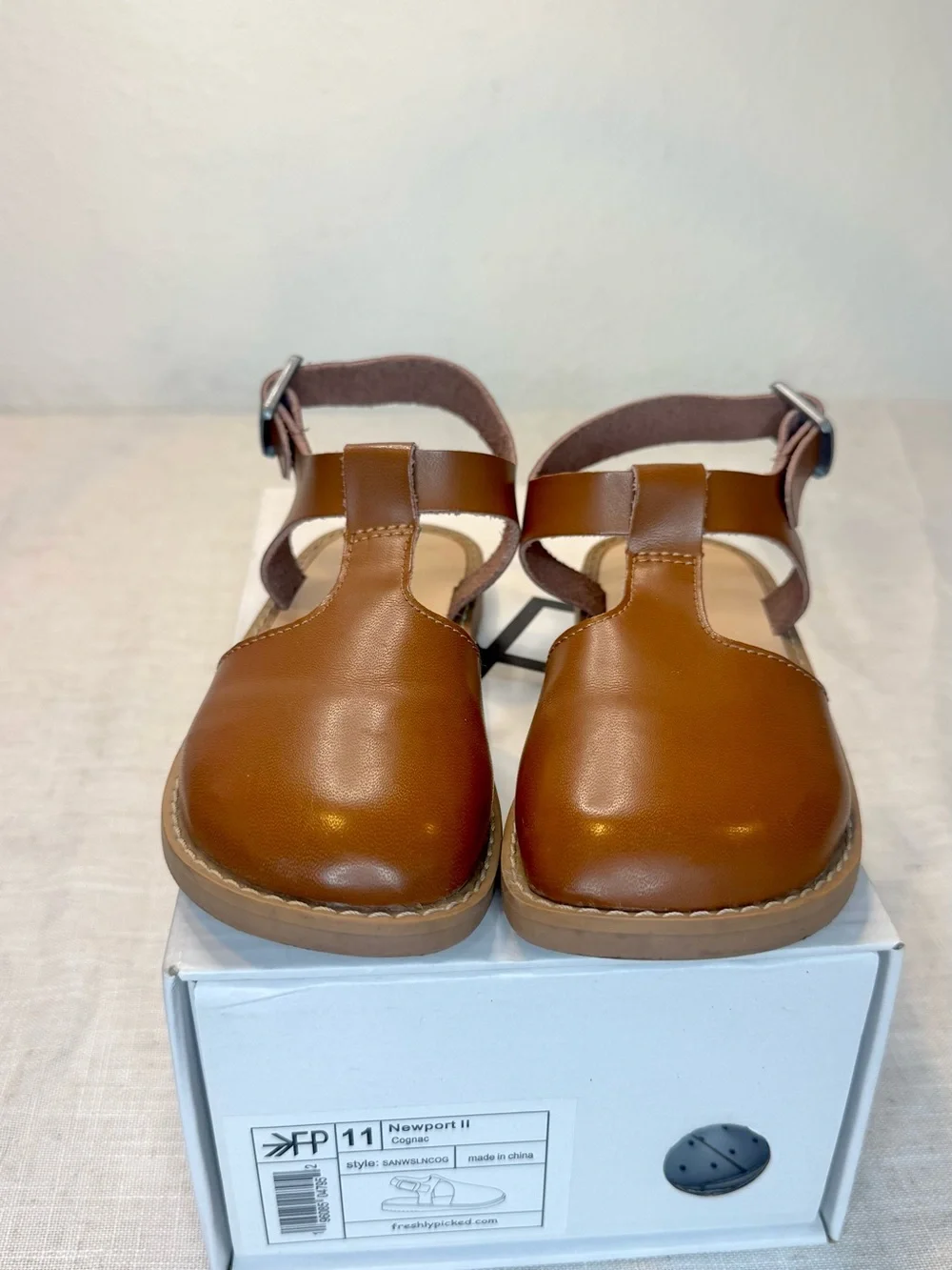 Freshly Picked Newport II Kids T-Strap Sandals in Cognac